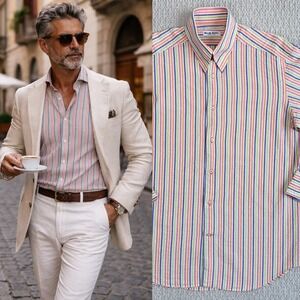 Marcello Tarantino Mens Striped Button Up Shirt Made in Italy Multi Color 41/16